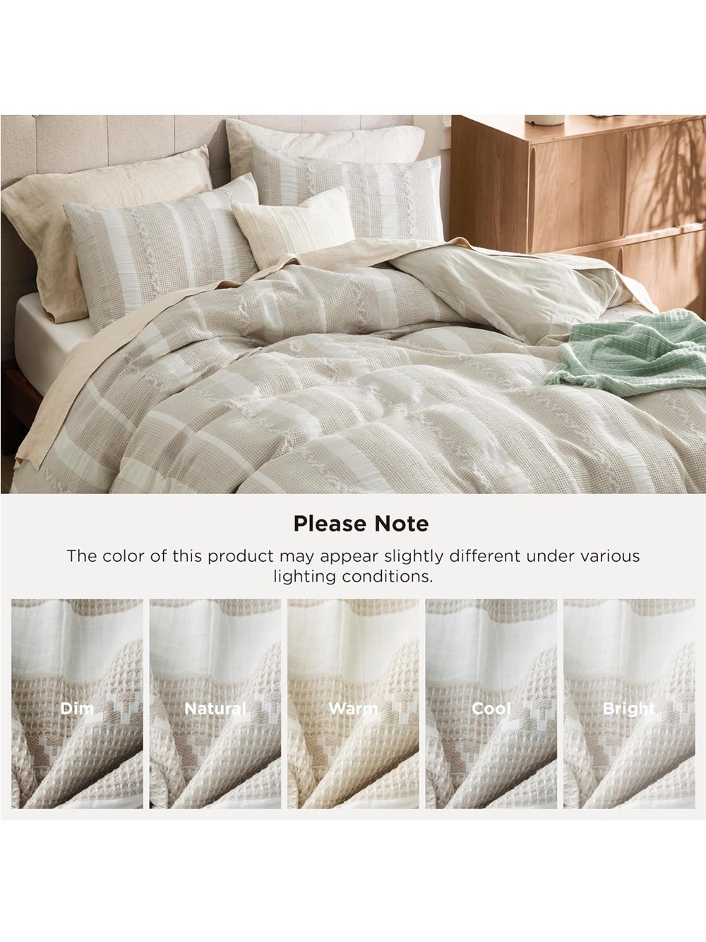 Bedsure PureWoven Boho Striped Cotton Waffle Duvet Cover Set, Queen, Linen - Picture 5 of 9